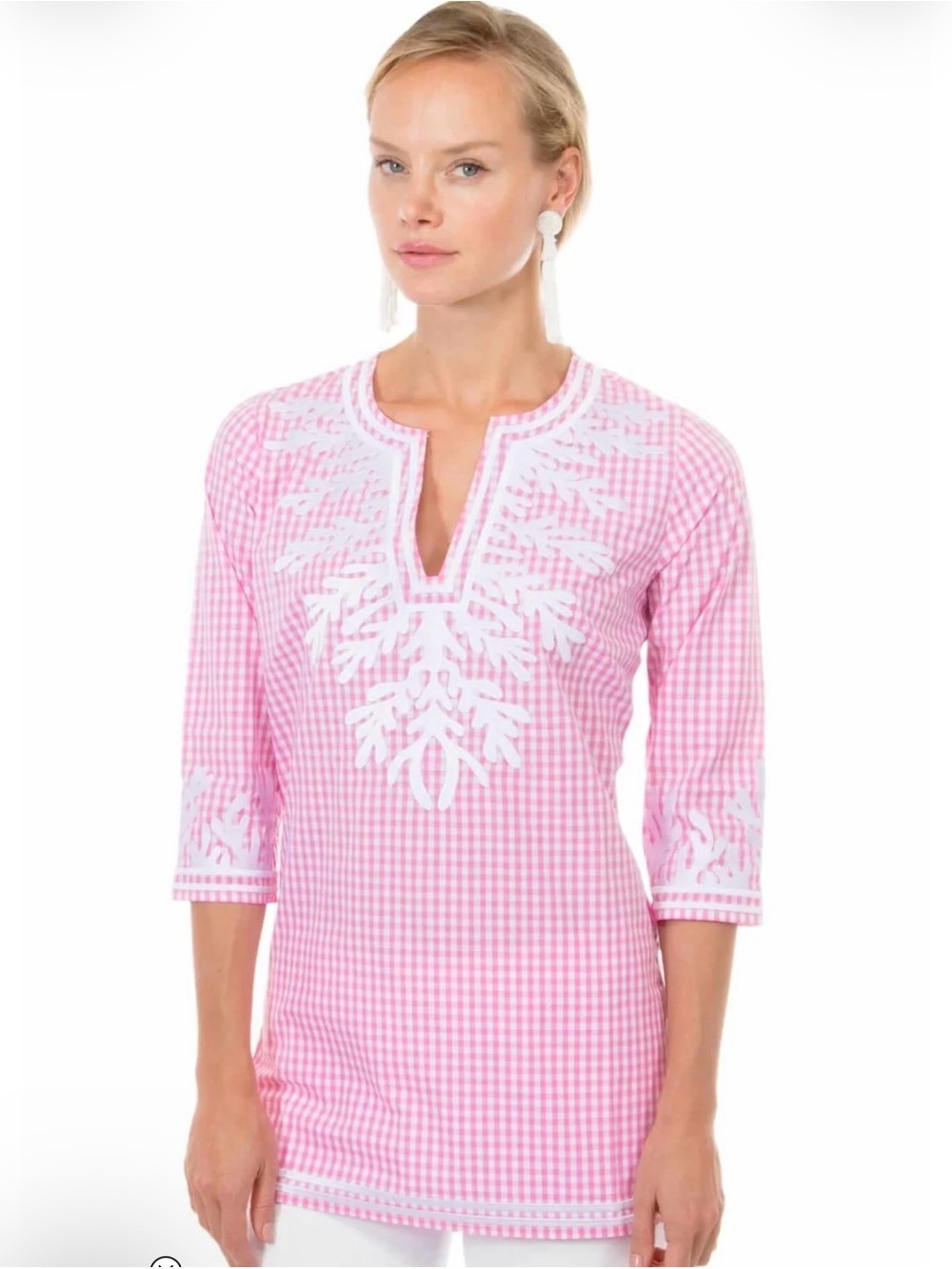 Gretchen Scott Designs Pink Gingham Tunic with White Embroidery